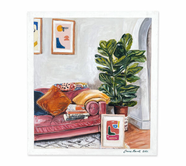 fiddle fig tree velvet sofa emma howell still life