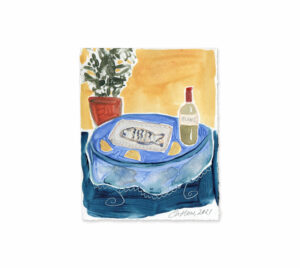 blue tablecloth fish painting lemon emma howell