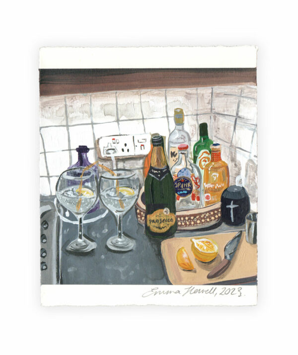 bottles of gin and champagne emma howell painting