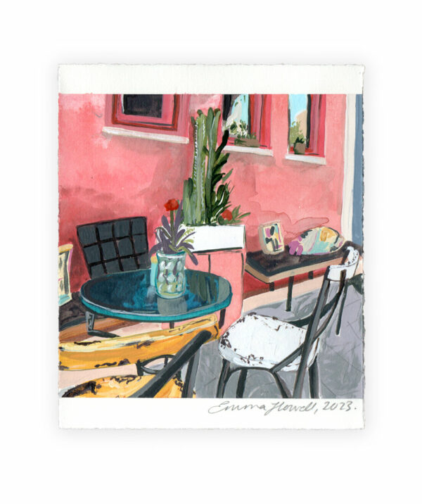 cafe in preveza with cactus emma howell original painting