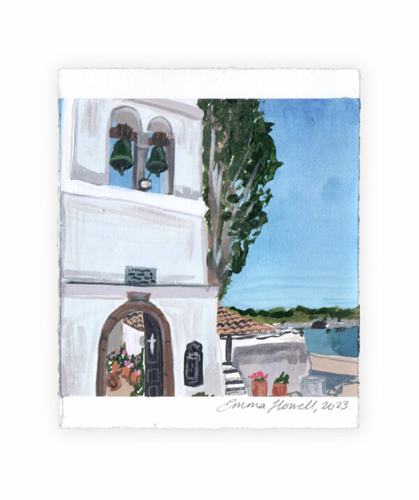 church with bells corfu emma howell original painting